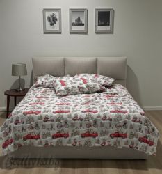 Коледен спален комплект "КОЛЕДНИ КАМИОНИ С ЕЛХА", с два плика, 100% ПАМУК/РАНФОРС,  5 ЧАСТИ