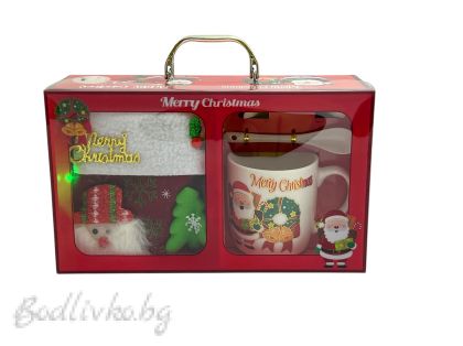 КОМПЛЕКТ КОЛЕДНА ЧАША С ЧИНИЙКА И ЛЪЖИЧКА С ПОДАРЪК, В ЛУКСОЗНА СВЕТЕЩА КУТИЯ 29/17СМ.