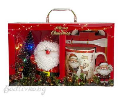 КОМПЛЕКТ КОЛЕДНА ЧАША С ЧИНИЙКА И ЛЪЖИЧКА С ПОДАРЪК, В ЛУКСОЗНА СВЕТЕЩА КУТИЯ 29/17СМ.