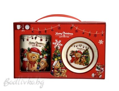 КОЛЕДЕН КОМПЛЕКТ ОТ 3 ЧАСТИ, ЧАШКА, ЧИНИЙКА И ЛЪЖИЧКА В ЛУКСОЗНА КУТИЯ 20/12 СМ.