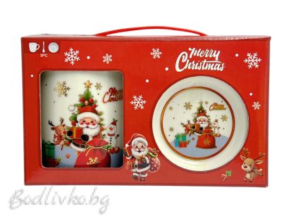 КОЛЕДЕН КОМПЛЕКТ ОТ 3 ЧАСТИ, ЧАШКА, ЧИНИЙКА И ЛЪЖИЧКА В ЛУКСОЗНА КУТИЯ 20/12 СМ.