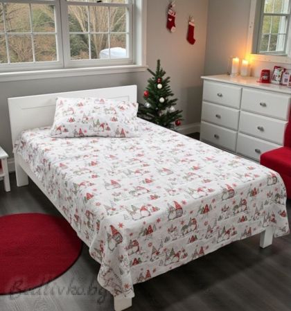 Коледно спално бельо ЗА ЕДИНИЧНО ЛЕГЛО, КОЛЕДНИ ГНОМИ, 100% натурален памук (поплин), 3 части