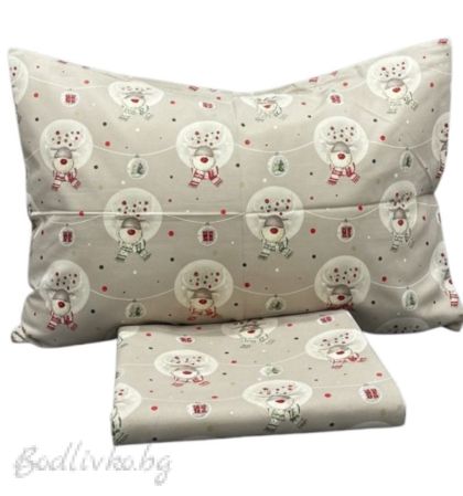 Коледно спално бельо "Елени в топки в бежово", за ЕДИНИЧНО ЛЕГЛО, 100% натурален памук (поплин), 3 части
