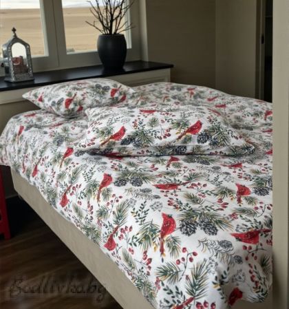 Коледен спален комплект за единично легло "КОЛЕДНА ПТИЧКА В ГОРАТА"- 100% памук (Ранфорс), 3 части 