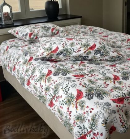 Коледен спален комплект "КОЛЕДНИ  ПТИЧКИ В ГОРАТА", с два плика, 100% ПАМУК/РАНФОРС,  5 ЧАСТИ