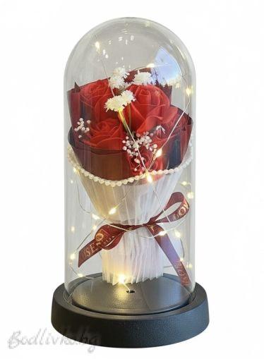 Светещ букет от рози в стъкленица - Вечна красота, 22 см