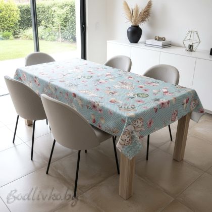 ПОКРИВКА ЗА МАСА ЖАКАРД, ВЕЛИКДЕН, ЯЙЦА НА СИН ФОН, 140/180 СМ.