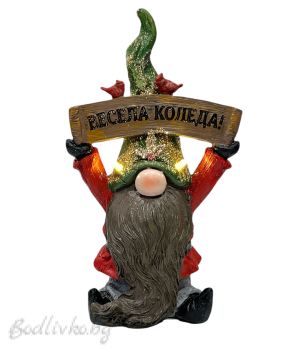 КОЛЕДНА ДЕКОРАЦИЯ , ПОРЦЕЛАНОВ ГНОМ С НАДПИС И СВЕТЕЩИ УШИ