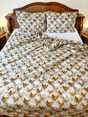 СПАЛЕН КОМПЛЕКТ  ЗЛАТНИ СЪРЦА 5Д, 100% памук/ 5Д, ранфорс, 5 части