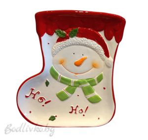 Коледна декорация , ПОРЦЕЛАНОВА ЧИНИЯ БОТУШ СЪС СНЕЖЕН ЧОВЕК 25х20см..
