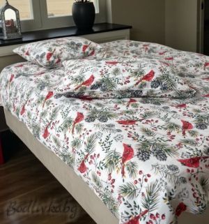 Коледен спален комплект "КОЛЕДНИ ПТИЧКИ В ГОРАТА", 100% ПАМУК/РАНФОРС,  4 ЧАСТИ,