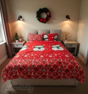 Коледен спален комплект "СНЕЖНИ ЧОВЕЦИ В ЧЕРВЕНО", 100% ПАМУК/РАНФОРС,  4 ЧАСТИ,