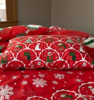 Коледен спален комплект "СНЕЖНИ ЧОВЕЦИ В ЧЕРВЕНО", 100% ПАМУК/РАНФОРС,  4 ЧАСТИ,