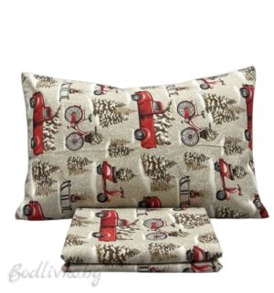 Коледен спален комплект "КОЛЕДНИ КАМИОНИ С ЕЛХА", с два плика, 100% ПАМУК/РАНФОРС,  5 ЧАСТИ