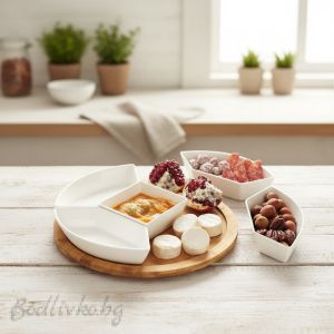 Kомплект за сервиране - 5 купички (сосиери), образуващи кръг, върху дървена табла, Danny Home