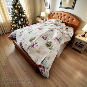 КОЛЕДЕН СПАЛЕН КОМПЛЕКТ "ЗИМНИ КЪЩИ", 100% ПАМУЧЕН САТЕН, 4 части 