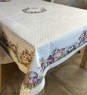 ПОКРИВКА ЗА МАСА ЖАКАРД, ВЕЛИКДЕН, ЯЙЦА И ПИЛЕНЦА, 140/180 СМ.