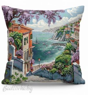 КАЛЪФКА за възглавничка, Пейзаж от морето в лилаво, 45/45см. - ОЧАКВАНА ДОСТАВКА