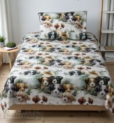 Спален комплект за единично легло,Кученца в зелено, 100% памук/ 5Д, ранфорс, 3 части