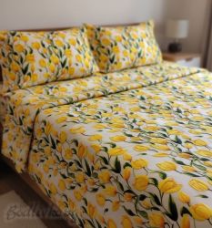 СПАЛЕН КОМПЛЕКТ,  Лалета в жълто, 100% памук/ 5Д, ранфорс, 5 части