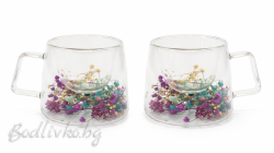 Комплект 2 броя стъклени чаши за кафе, двойно стъко, сухи истински цветя  