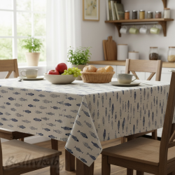 ПОКРИВКА ЗА МАСА,Сини рибки- на мръсно бяла основа , ПАНАМА, 87% памук