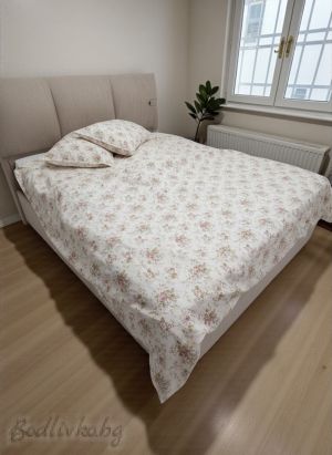 СПАЛЕН КОМПЛЕКТ НЕЖНИ РОЗИ В ЕКРЮ,  100% натурален памук (ПОПЛИН), 4 части