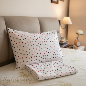 СПАЛЕН КОМПЛЕКТ, Черни и червени сърца,  100% натурален памук (ПОПЛИН), 4 части