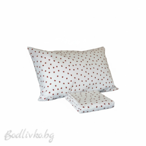 СПАЛЕН КОМПЛЕКТ, Чеврени сърца,  100% натурален памук (ПОПЛИН), 4 части