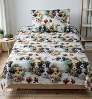 Спален комплект за единично легло,Кученца в зелено, 100% памук/ 5Д, ранфорс, 3 части