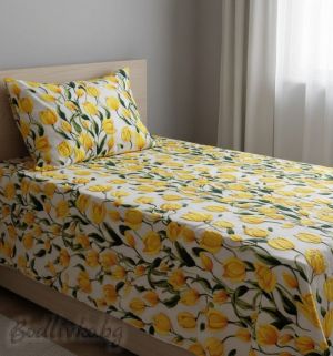 Спален комплект за единично легло, Лалета в жълто, 100% памук/ 5Д, ранфорс, 3 части