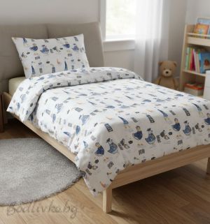 КОМПЛЕКТ ЗА СПАЛНЯ, Сини птици – 100% натурален памук (Ранфорс), 4 части 