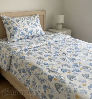 Спален комплект за единично легло, Делфини- 100% памук (Ранфорс), 3 части 