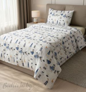 Спален комплект за единично легло, Сини птици абстракт- 100% памук (Ранфорс), 3 части 