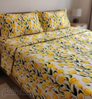 СПАЛЕН КОМПЛЕКТ,  Лалета в жълто, 100% памук/ 5Д, ранфорс, 5 части