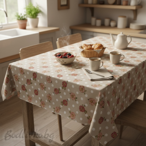 ПОКРИВКА ЗА МАСА,Цветя на мръсно бяла основа с бели точки, ПАНАМА, 87% памук 