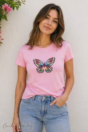 Дамска тениска с бродерия, Пеперуда, 100% памук