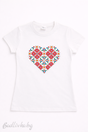 Дамска тениска с бродерия, Шарено сърце, 100% памук