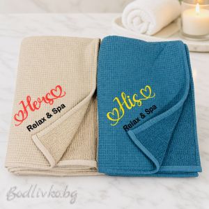 Комплект от 2 бр. хавлии за SPA и сауна с бродерия HIS & HERS, размер 80×145 см, 100%  НАТУРАЛЕН памук