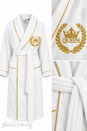 Луксозен халат за баня с бродерия - Queen (Кралица), бял, 100% памук, произведено в България